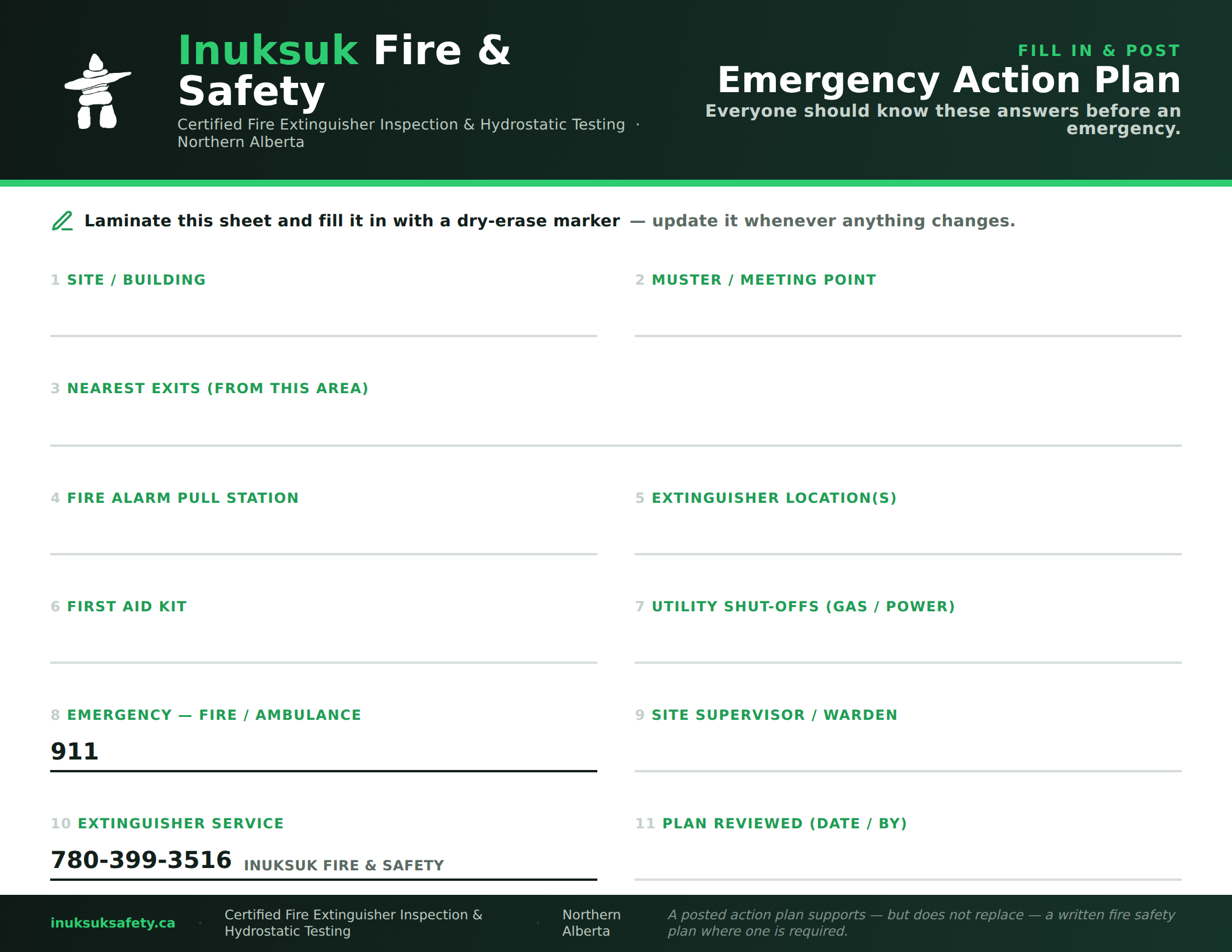 Inuksuk Fire & Safety fill-in emergency action plan poster with spaces for site, exits, alarm, extinguishers, first aid, shutoffs, emergency contacts, and review date