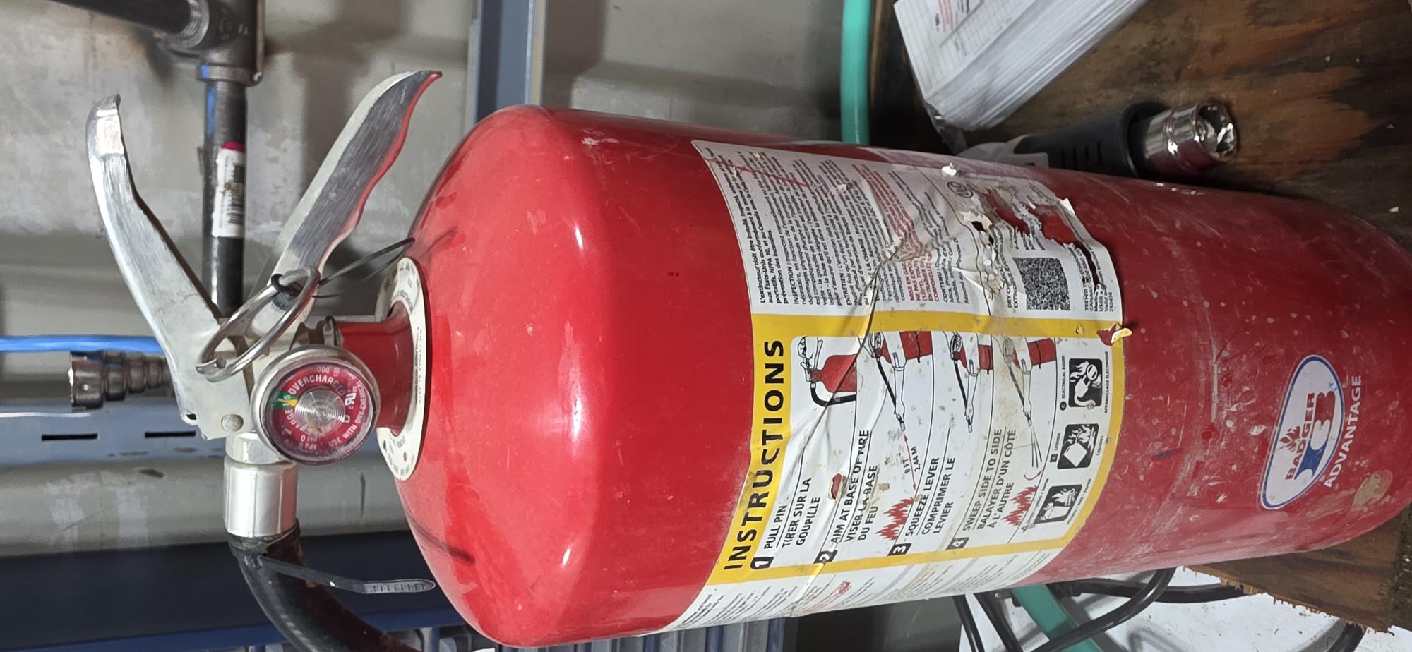 Badger Advantage fire extinguisher with green gauge and intact instruction label but missing identification and serial number — real field finding